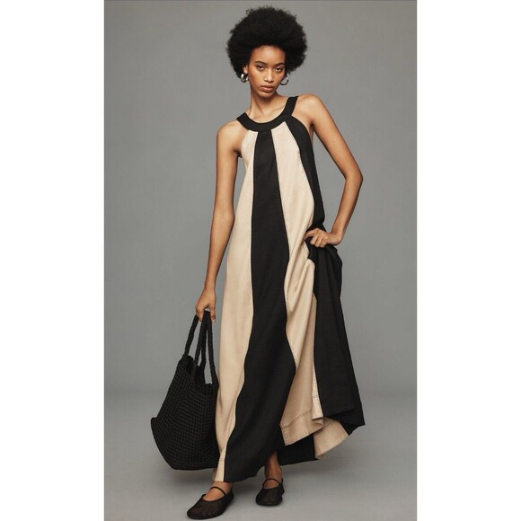 Anthropologie Maeve Maxi Dress Black Ami Linen Halter Preppy Retro Boho Sz M NWT